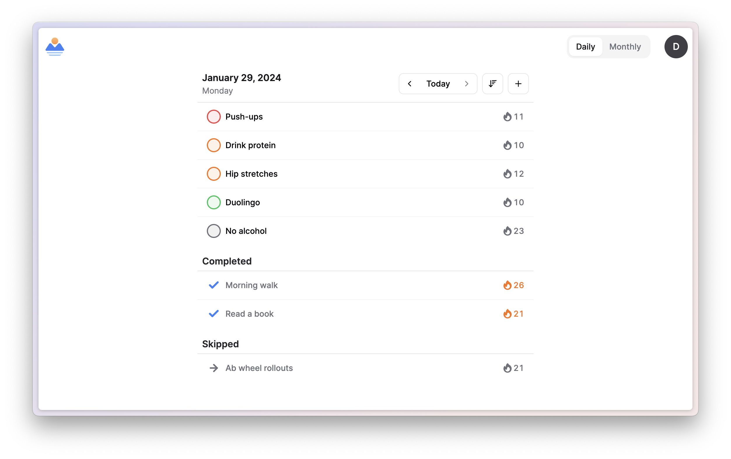 Habit task view with a list of tasks